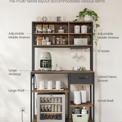 Bakers Rack with Charging Station, Coffee Bar Stand with Adjustable Storage Shelves, Fabric Drawer, 12 Hooks, Table for Microwave, Kitchen, Rustic Bro