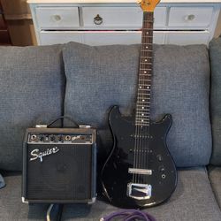 Harmony electric guitar and a small practicing amplifier, all in good condition