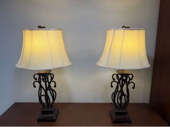 Pair of Stein World Suvan Traditional Wrought Iron Scroll Table Lamps