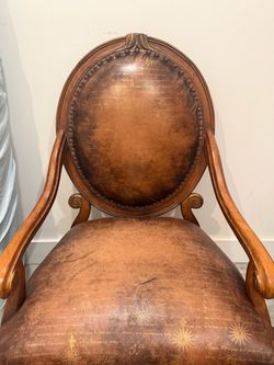 Carved Wood Armchair with Script Leather Upholstery