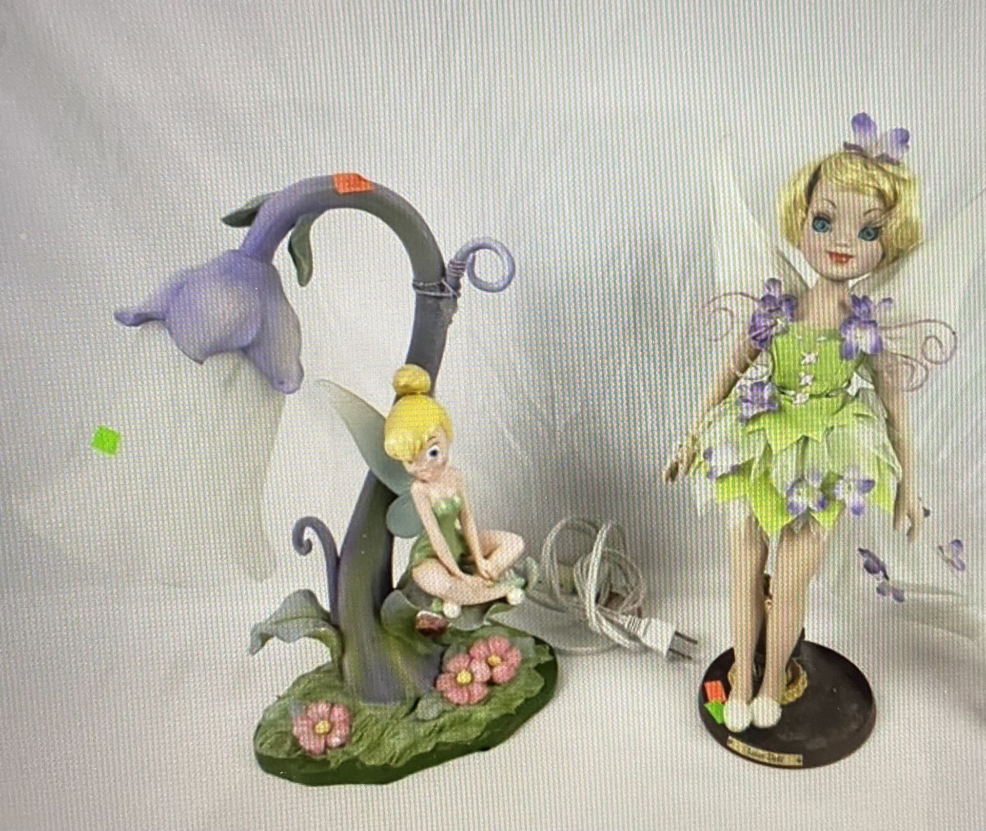 Vintage Disney Tinker Bell Flower Lamp and Porcelain Doll