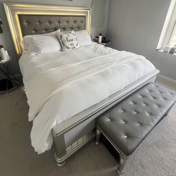 Silver Upholstered King Bed Frame + Matching Storage Bench