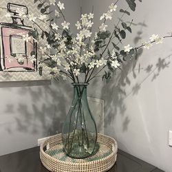 Large Decorative Glass Vase With Faux Flowers 