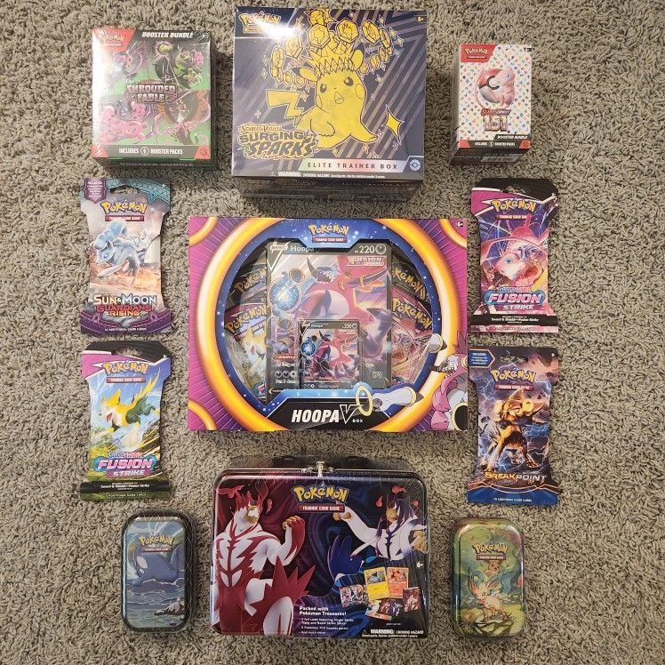 Sealed Pokemon Lot 38 Booster Packs Bundle ETB Box Sleeved Collectors Chest Mini Tin 151 Surging Sparks Shrouded Fusion Strike Evolving Skies SM XY