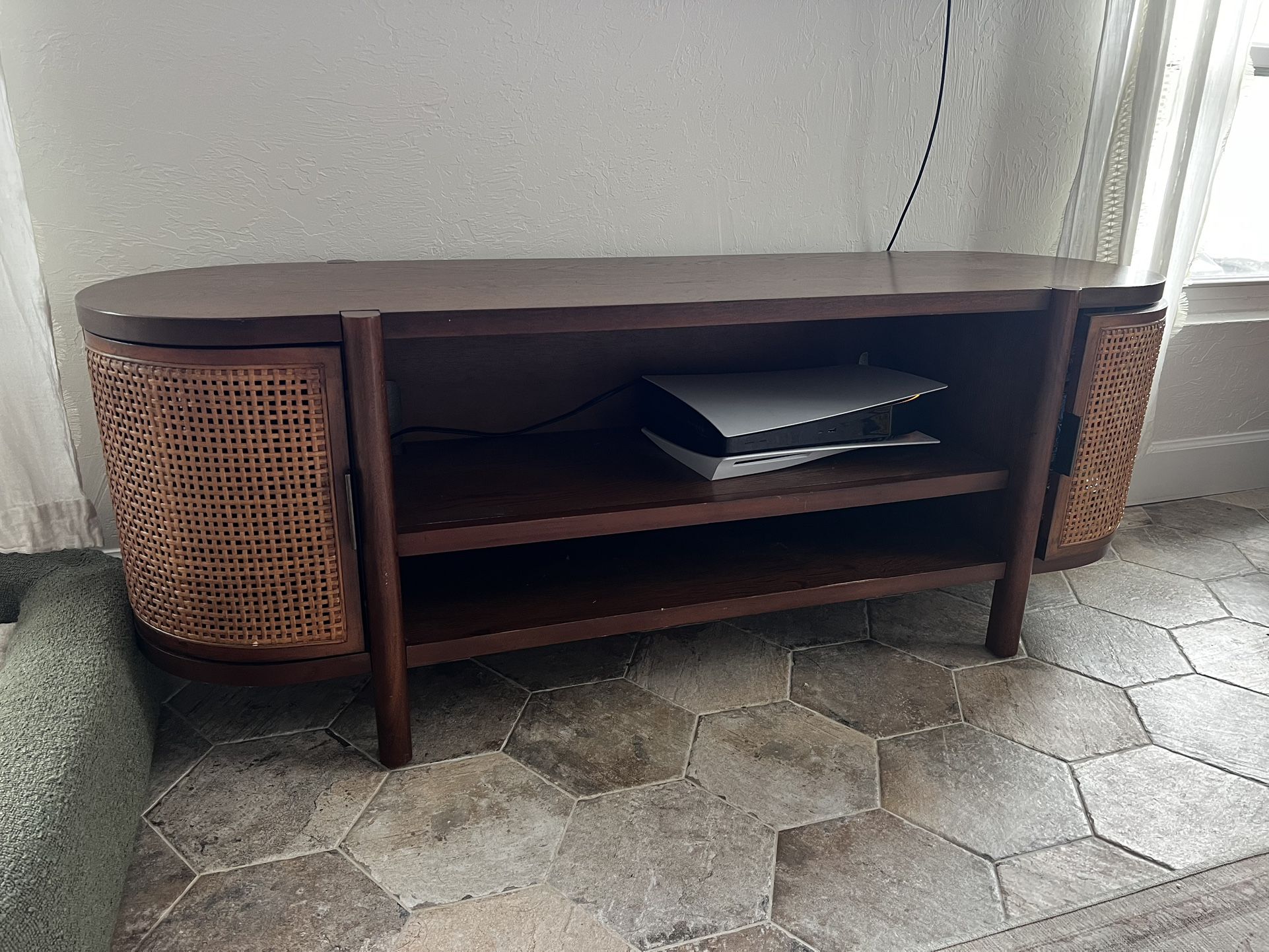 Wood Rattan Oval Media TV Stand Console