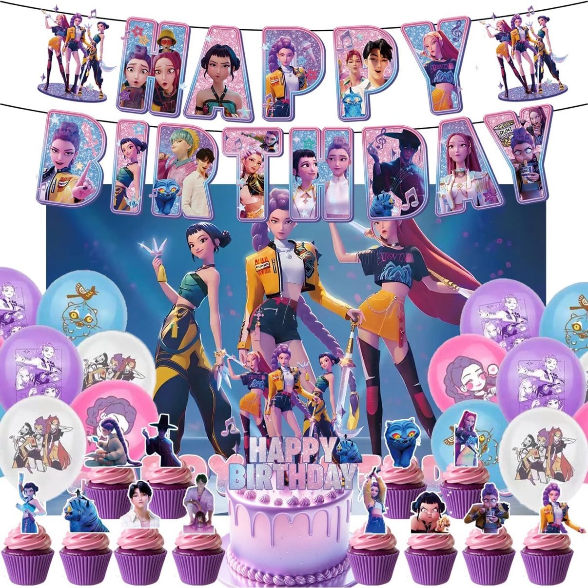 Birthday Party Decorations, Birthday Banner, Balloons, Cake Toppers, K-pop Hunts