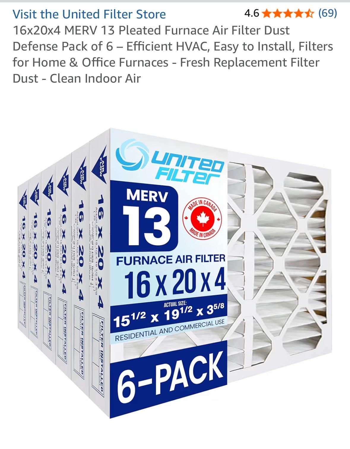 United Air Filters, 16” x 20” x 4”, pleated,  MERV 13, package of 6, new in box