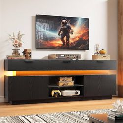 Black TV Stand for TVs 85 inch, Entertainment Center with Power Outlets & LED Lights, TV Media Console Table with Cabinets, Drawers and Open Storage S