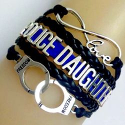 Love POLICE DAUGHTER Handcuffs Freedom Charms Leather Braided Bracelet