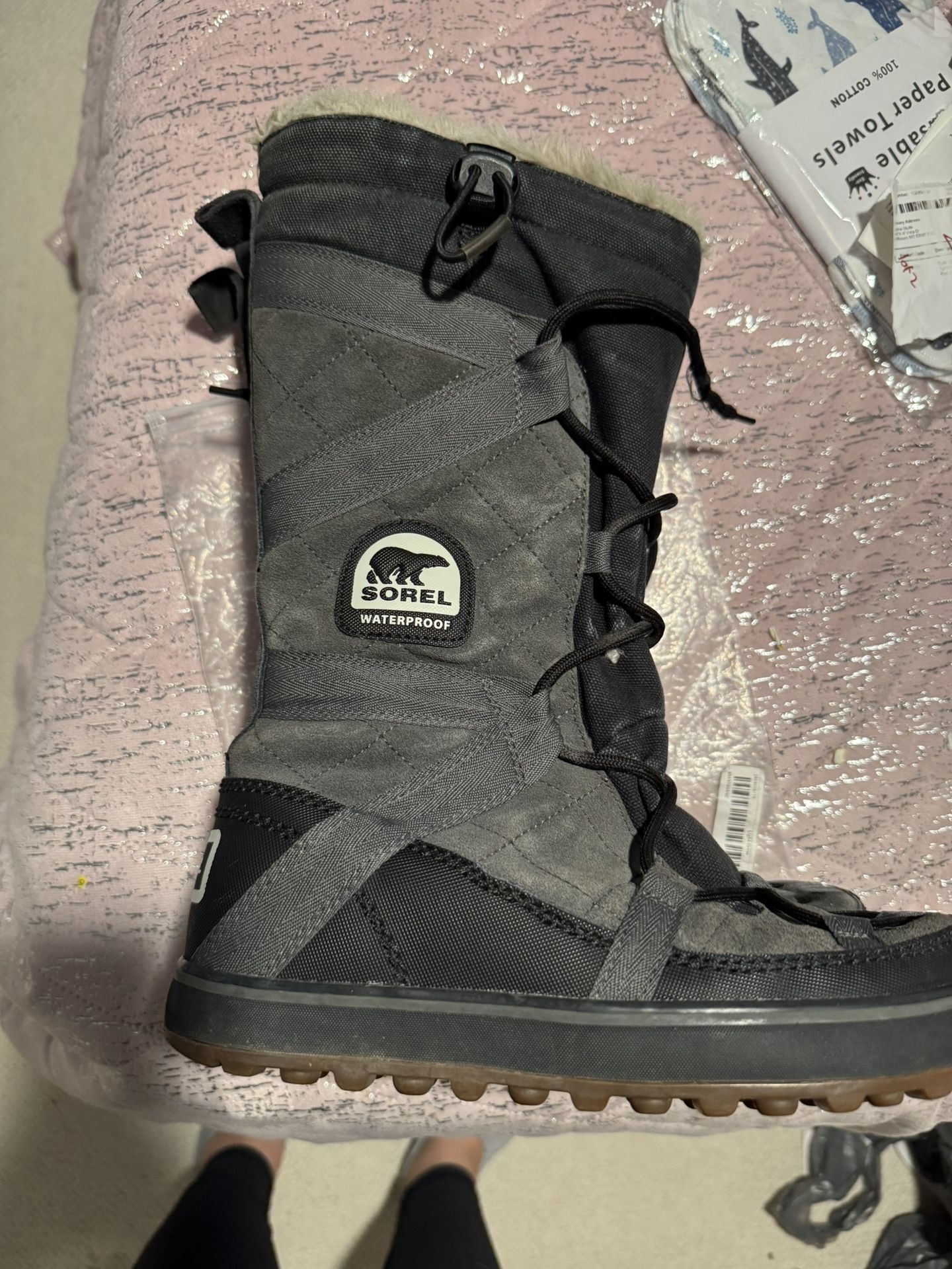 Womens Size 7.5 Sorel Glacy Explorer Grey Suede And Canvas Waterproof 12” Snow Boot