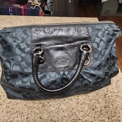 Coach Signature Black Leather And Canvas Zipper Handbag