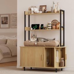54 Inch Hidden Litter Box Furniture with Shelves and Outlets,Oak Fluted Cat Litter Box Enclosure, Mid-Century Modern Wooden Cat House with Sliding Tam