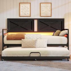 Daybed with Trundle, Twin Size Day Bed with Charging Station and LED Lights, Metal Sofa Bed Frame with Steel Slat Support, Wooden Headboard for Living