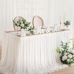 Ling's moment 9FT White Chiffon Table Skirt Recycle Use Extra Long Sheer Tablecloth for Backyard Wedding Reception Decorations Birthday Party Cake Des