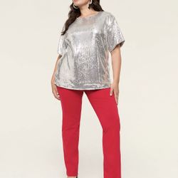 NWT Lane Bryant Short Sleeve Sequin Tee!  Size 24, Silver. 