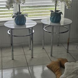 Chrome And Faux Marble End Tables