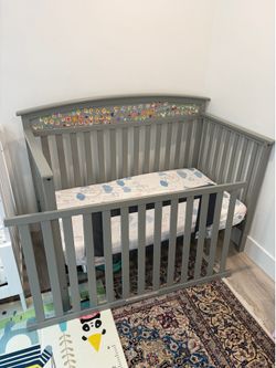 Gray Wood Baby Crib with Mattress