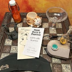 Lot For $10 Metal Figure In Circle Cat Planter Blown Glass Diffuser Vintage Pamphlet Orange Japan Bottle With Crafting Beads  