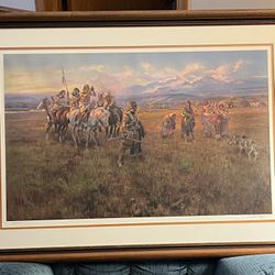 Large 42” X 30 1/2” Framed Glass Over Print “Lewis And Clark Reach Shoshone Camp Led By Sacajawea” By Charles Marion Russell