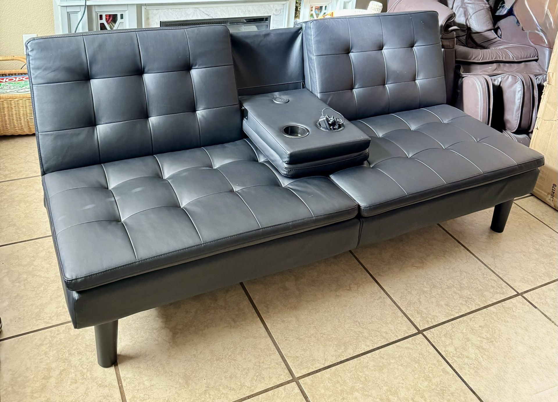 Mainstays Memory Foam Futon with Cupholder and USB, Black Faux Leather