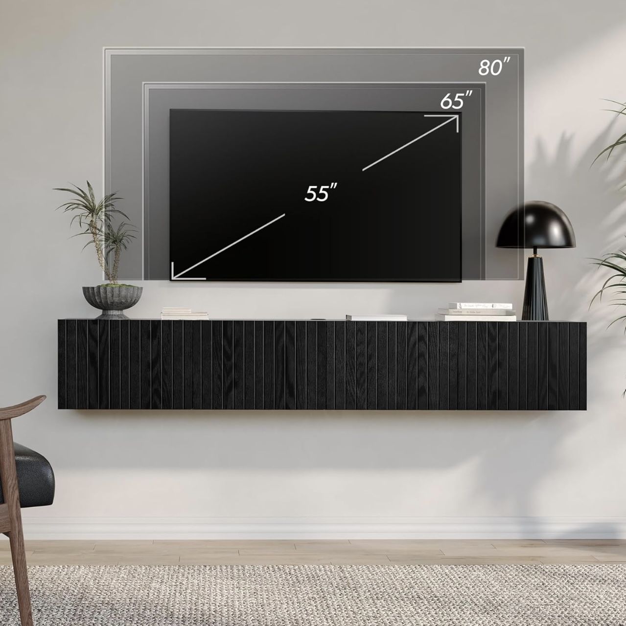Floating TV Stand, Wall Mounted Shelf, Modern Floating Entertainment Center with 4 Fluted Flip-Down Doors, 70" Large Storage Media Console Wall Unit f