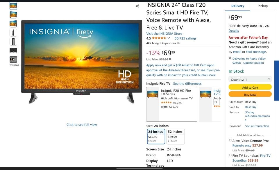 24 Inch INSIGNIA fire TV F20 SERIES LED HD, dts TrueSurround, HDMI, w Press & ask Alexa Remote $50