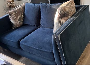Blue Velvet Loveseat with Nailhead Trim