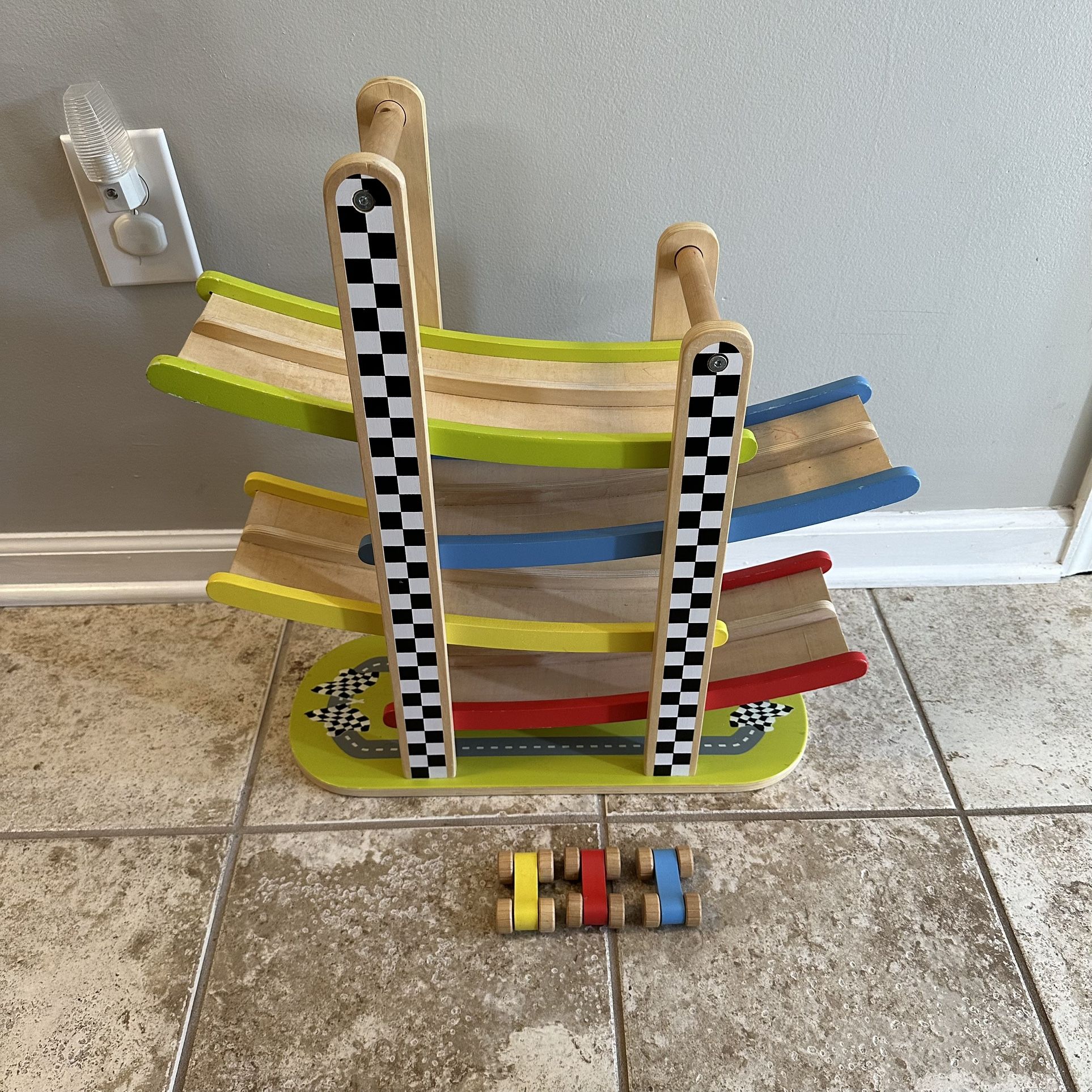 Large 21" Tall Wooden Race Car Ramp w/ 3 Cars - Toddler Toy