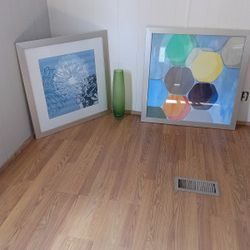 MONOPRINT BLUE FLOWERS And CONTEMPORARY GEOMETRIC SHAPES 