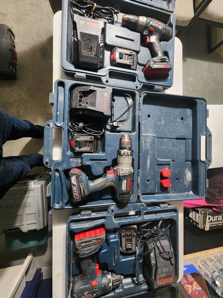 Bosch Drill Sets with box/charger/2 batteries (3 Available see pics)