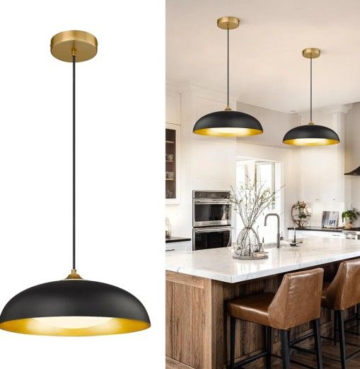 kudos 15 Inch Large LED Pendant Lights, Black and Gold Pendant Light Fixtures, Modern Hanging Lights for Kitchen Island, Dining Room, Living Room, Bed