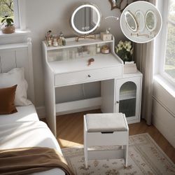 Vanity, Makeup Vanity Desk with Rotatable Mirror and Lights, White Make Up Vanity Table with 3 Adjustable Lighted and Chair, Makeu