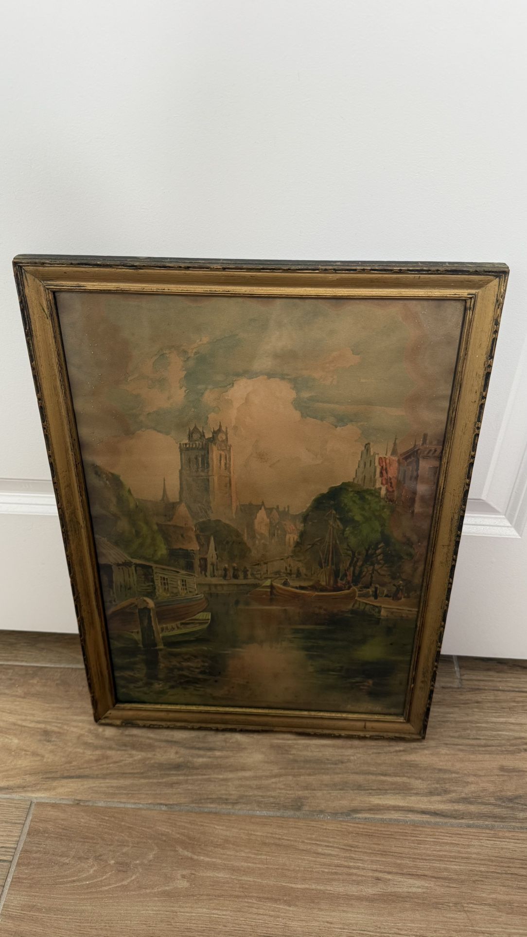 Vintage L. Burleigh Bruhl Watercolor Harbor Scene Framed NY Teschner Co 