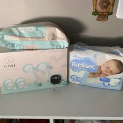 Zomee Pump, Bags, New Born Diapers.