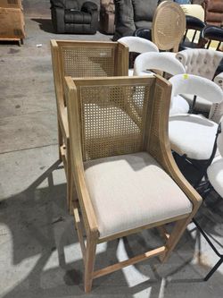 Set of 2 Merax 25.5" Fabric Upholstered Wood and Cane Counter Stools with Backrest, French Country Barstools