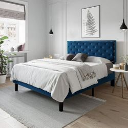 Nailhead Trim Headboard Navy Blue Full Size Bed Frame