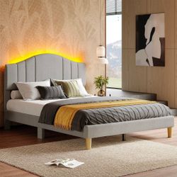 Grey Upholstered Bed Frame w/ Adjustable LED Headboard Open Box
