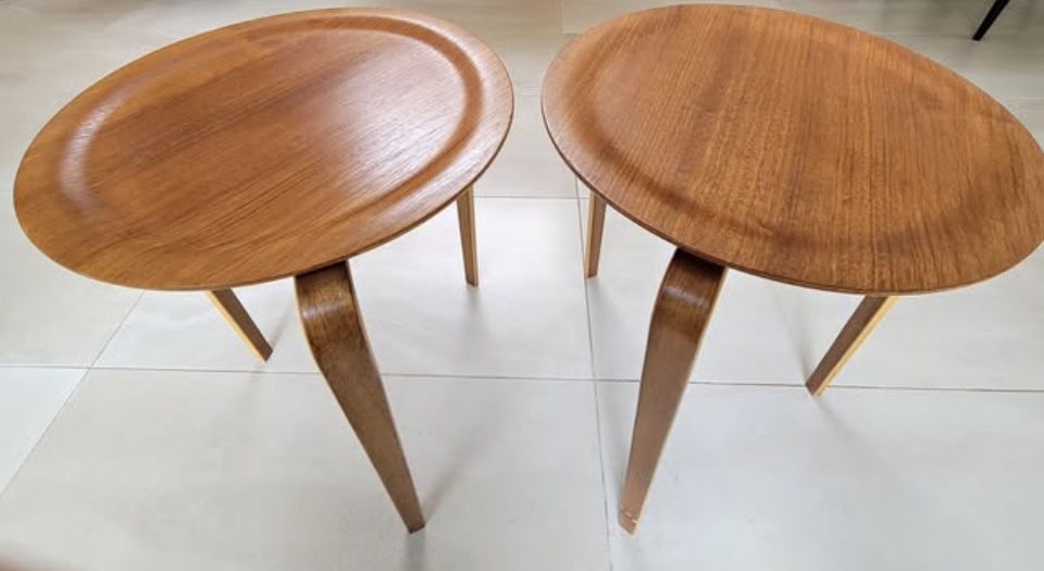 Mid-century modern MCM teak end tables; 15 in. diameter, 19 in. tall.