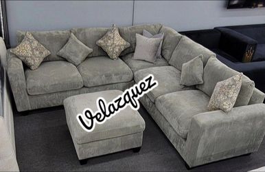 ✅️✅️️✅️4 pc Grey cordury fabric upholstered sectional sofa with ottoman✅️✅️
