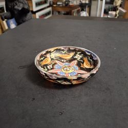 Vintage Mid Century ROJO Intrically Hand-painted Art Glass Bowl Dish Signed In Gold On The Bottom By The Artist, Unique Art Glass Decor 4"W