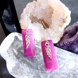 Pink Dragon Vein agate bar dangle earrings angel wings sterling silver hooks new