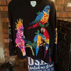 Quacker Factory Womens Black Colorful Parrot Birds Button Up Cardigan Sweater L