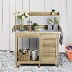 Table,  w/Metal Tabletop Work Station w/Cabinet Drawer, Open Top&Lower Shelf, Handy Hooks, Lumber Wood, 