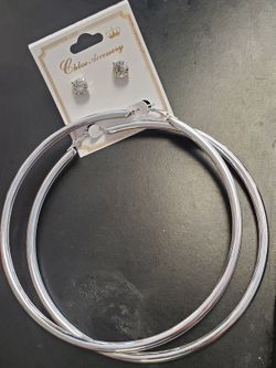 Silver hoops with faux diamond studs