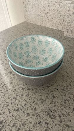 Ceramic Bowls with Teal Floral Pattern – Set of 2