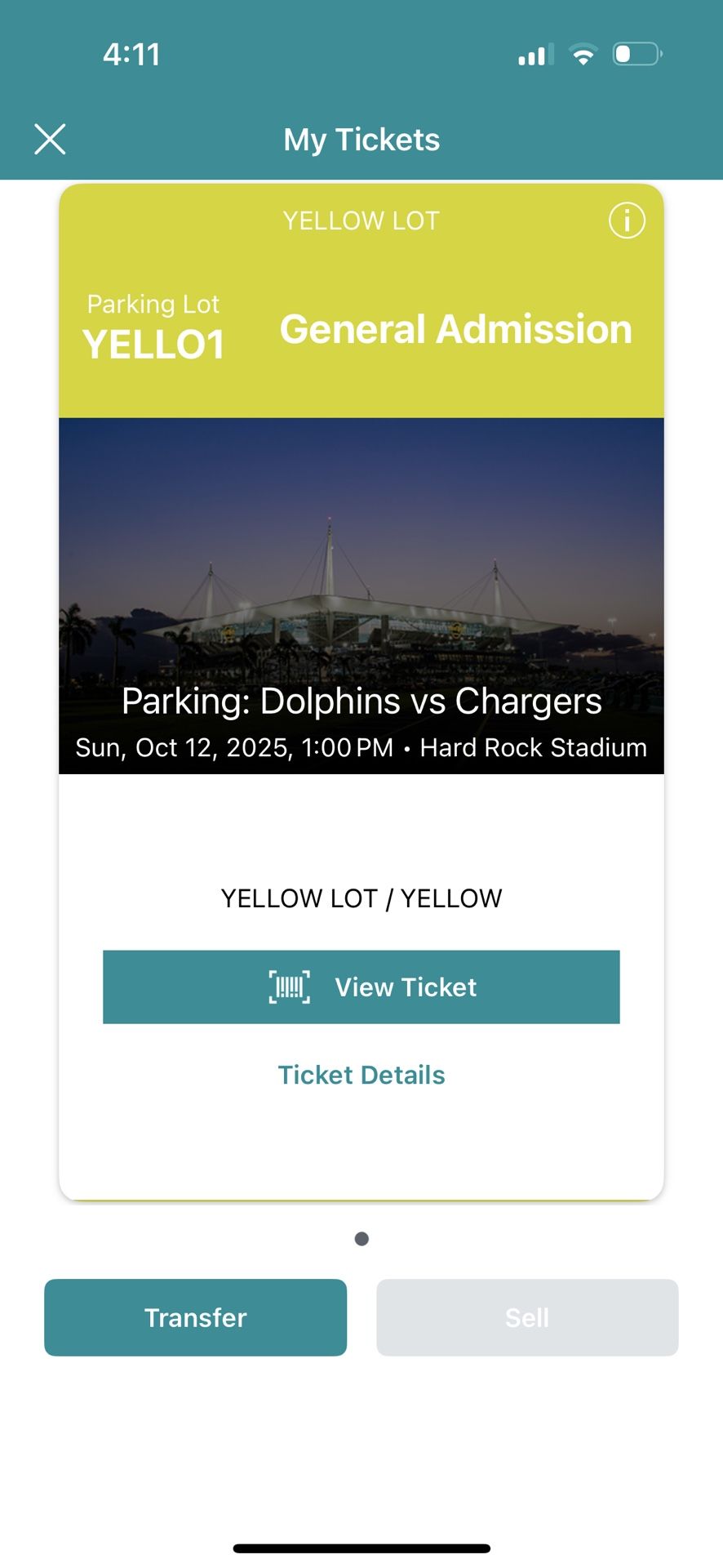 Yellow Parking! (Plus Two Isle Seats) Dolphins Vs Chargers October 12