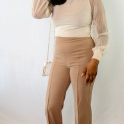Angel | Small Beige Mock Neck Sheer Sleeve Top
