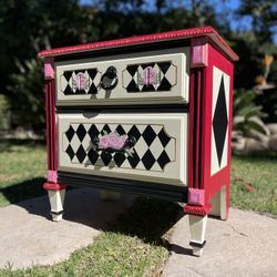 Hand Painted Wine Checkered Nightstand 