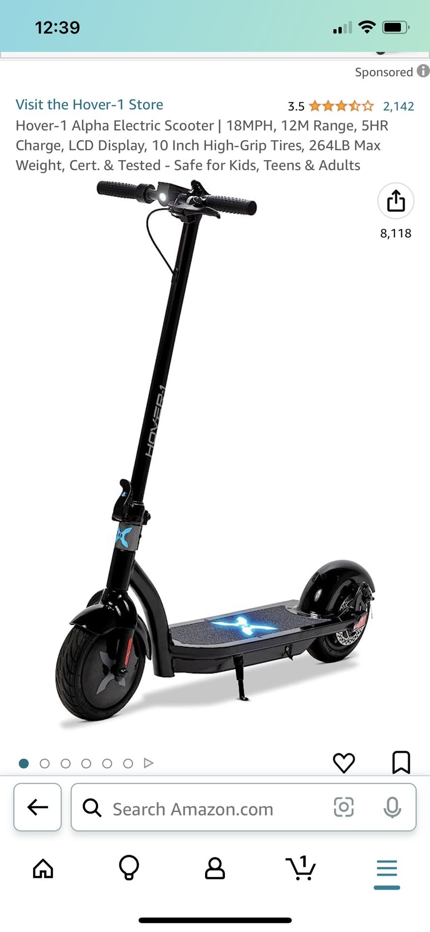 Hover Alpha Electric Scooter 18MPH, 12M Range, 5HR Charge, LCD