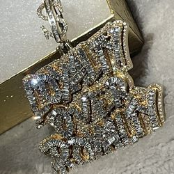 Custom made 10k gold 5ct diamond/ baguette Loyalty over royalty pendant 2inch 23g all  real 